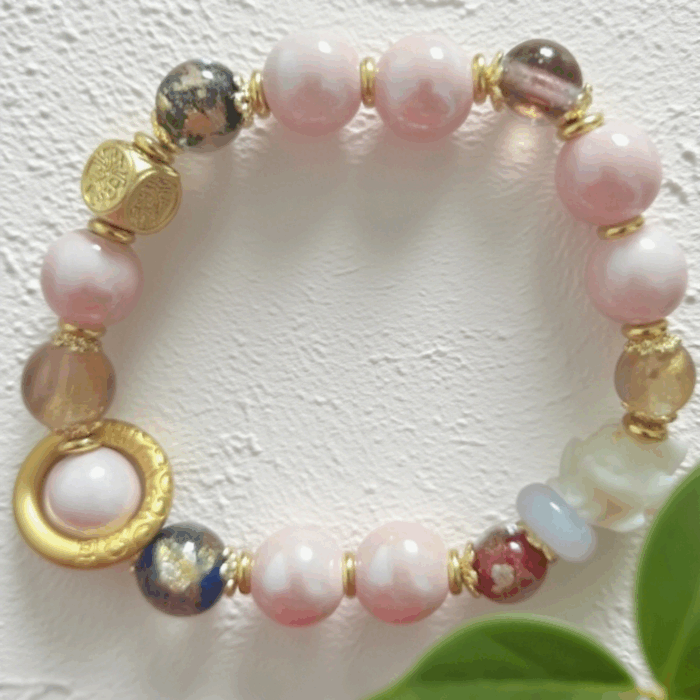 Bracelet-Pink-Porcelain-Green-Fox-with-Ash-up-to-17-talismans-H168-1.png Bracelet: Pink Porcelain Green Fox with Ash (up to 17 talismans) H168 - Image 1