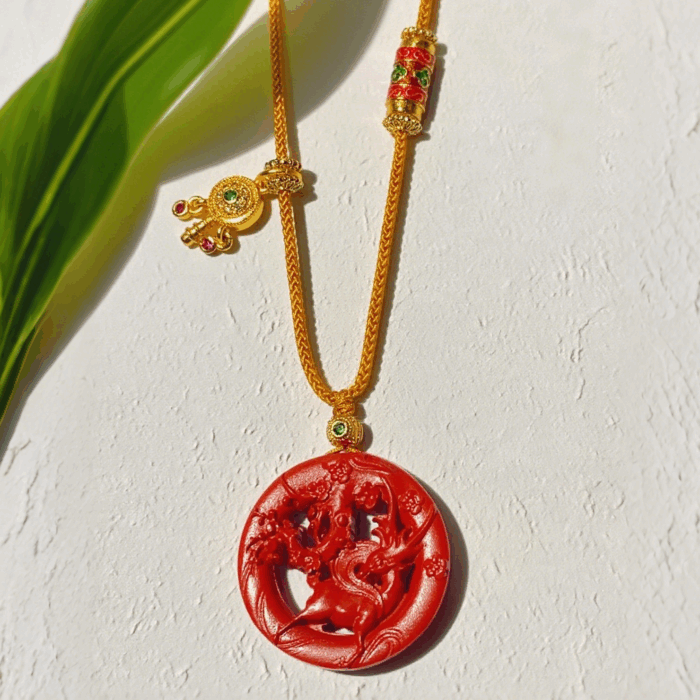 Cinnabar-Necklace-Blooming-Deer-Cinnabar-Talisman-H156 Cinnabar Necklace: Blooming Deer Cinnabar Talisman H156 - Image 1
