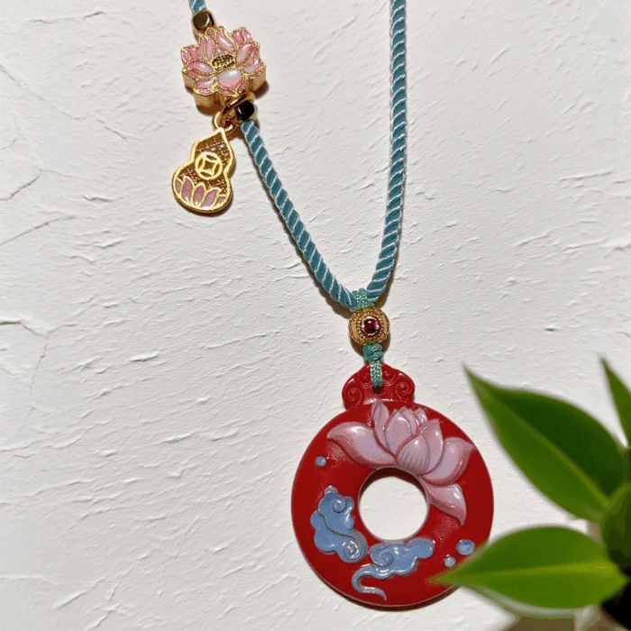 Cinnabar Necklace: Lotus Harmony Cinnabar Talisman H159 - Image 1